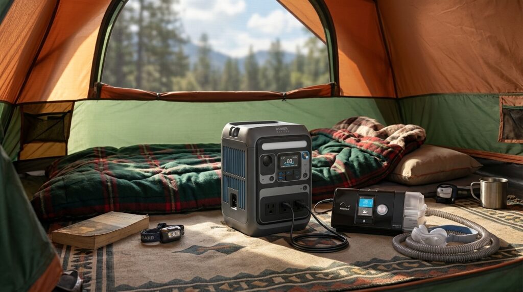 Anker SOLIX C300 portable power station powering a CPAP machine inside a tent during a camping trip.