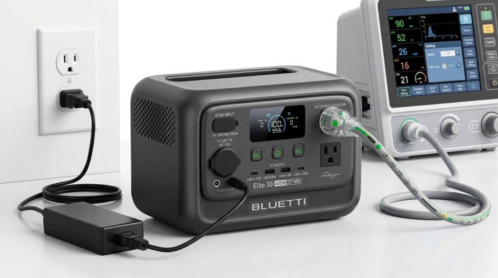 BLUETTI Elite 30 V2 providing medical-grade 10ms UPS backup for a CPAP machine during a power outage.