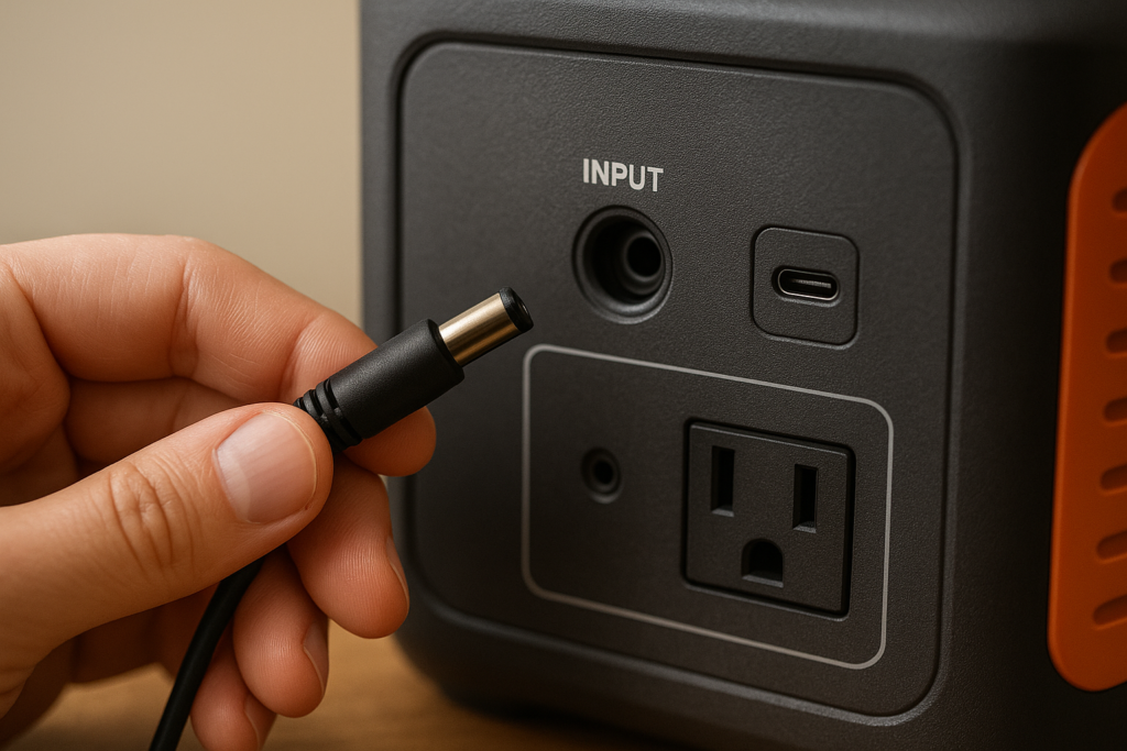 Close up of connecting charging cable to Jackery input port