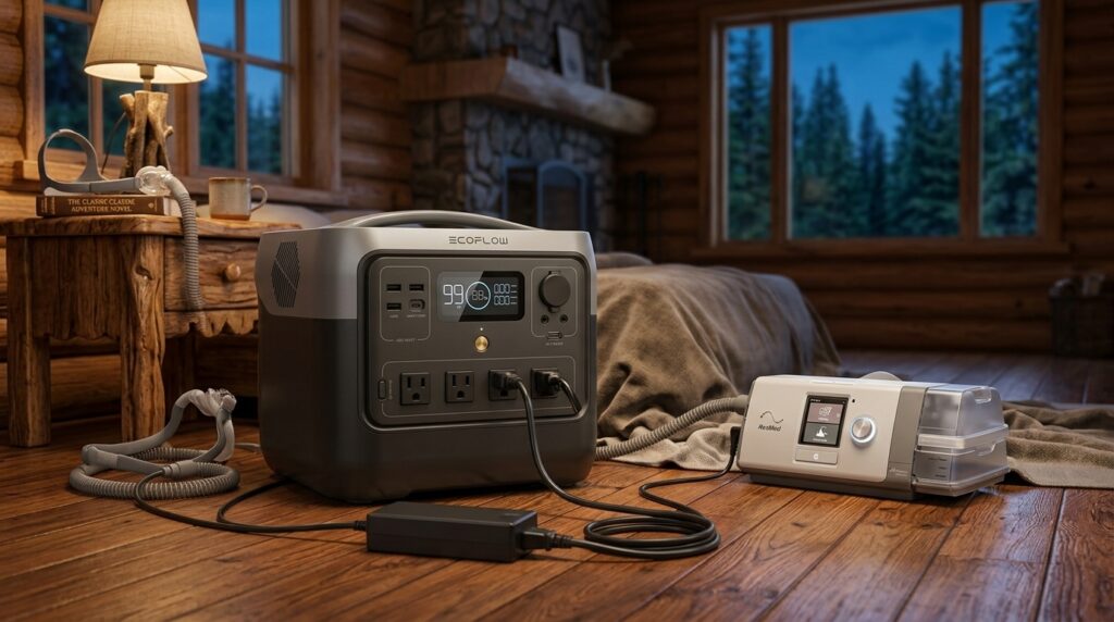 EcoFlow RIVER 2 Pro providing high-capacity power for a CPAP machine with a heated humidifier.