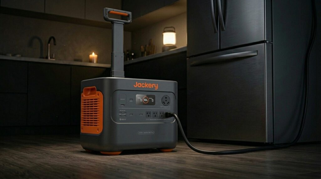 Jackery Explorer 2000 Plus setup showing how a solar generator run a refrigerator during a home blackout.