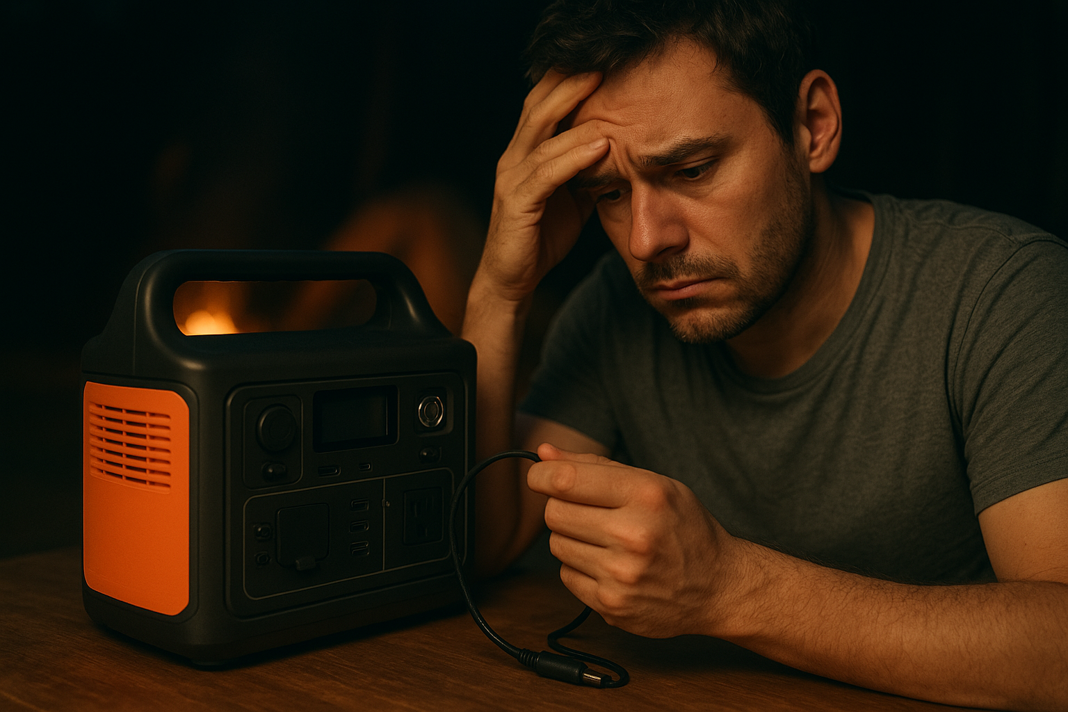 Frustrated man holding cable with Jackery not charging