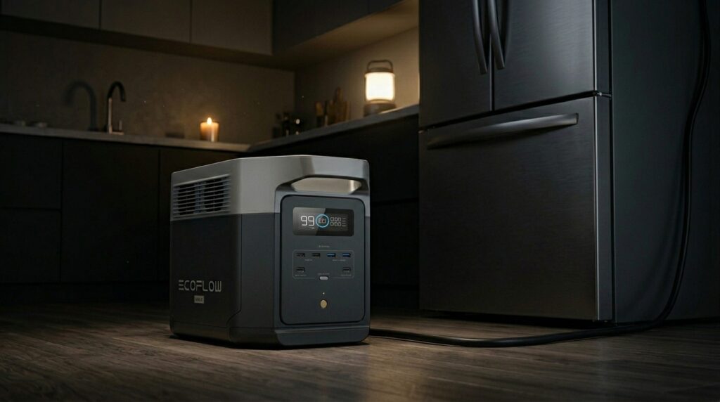 EcoFlow DELTA 2 Max setup showing how a solar generator run a refrigerator during a blackout