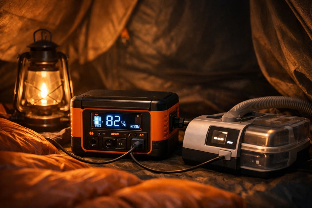 Small 300W portable power station powering a CPAP machine inside a camping tent at night
