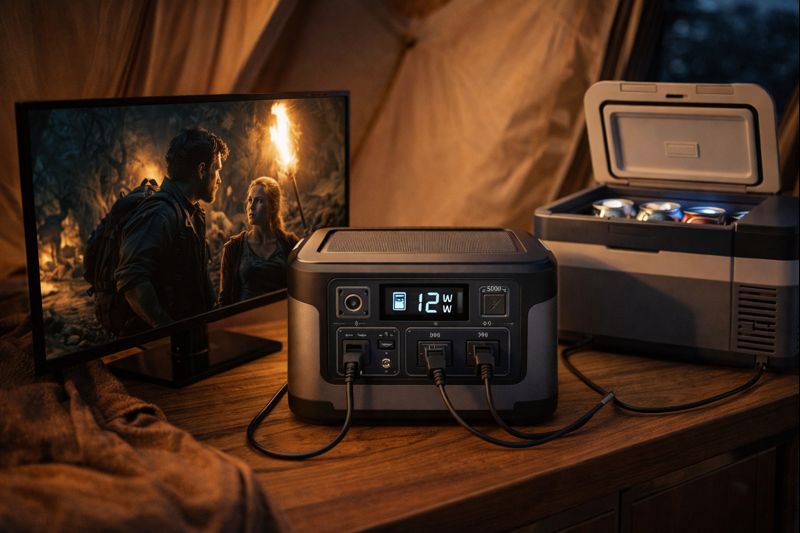 500 watt solar generator powering a TV and portable fridge simultaneously inside a camping tent