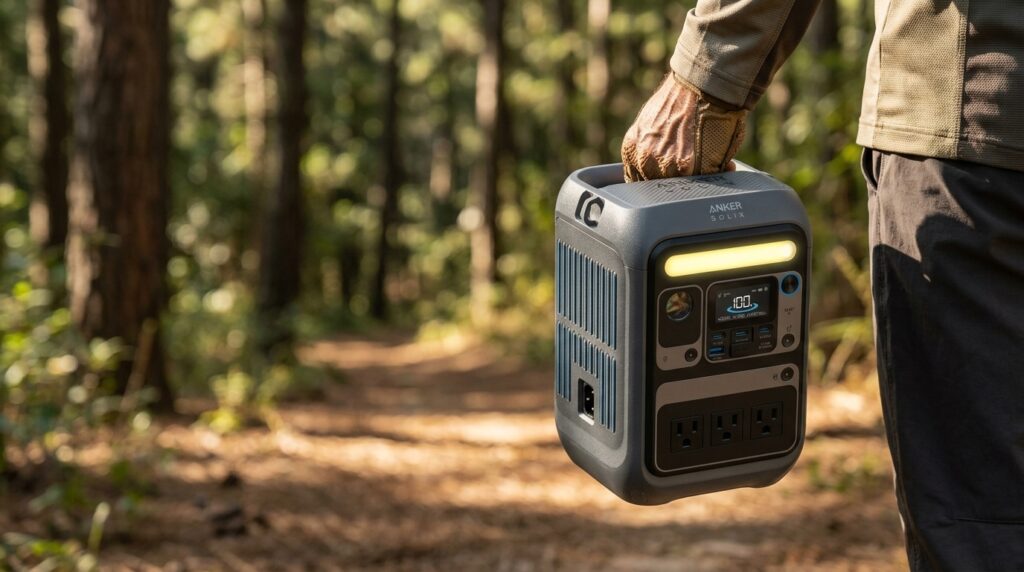 A camper carrying the compact Anker SOLIX C300 portable power station on a forest trail.