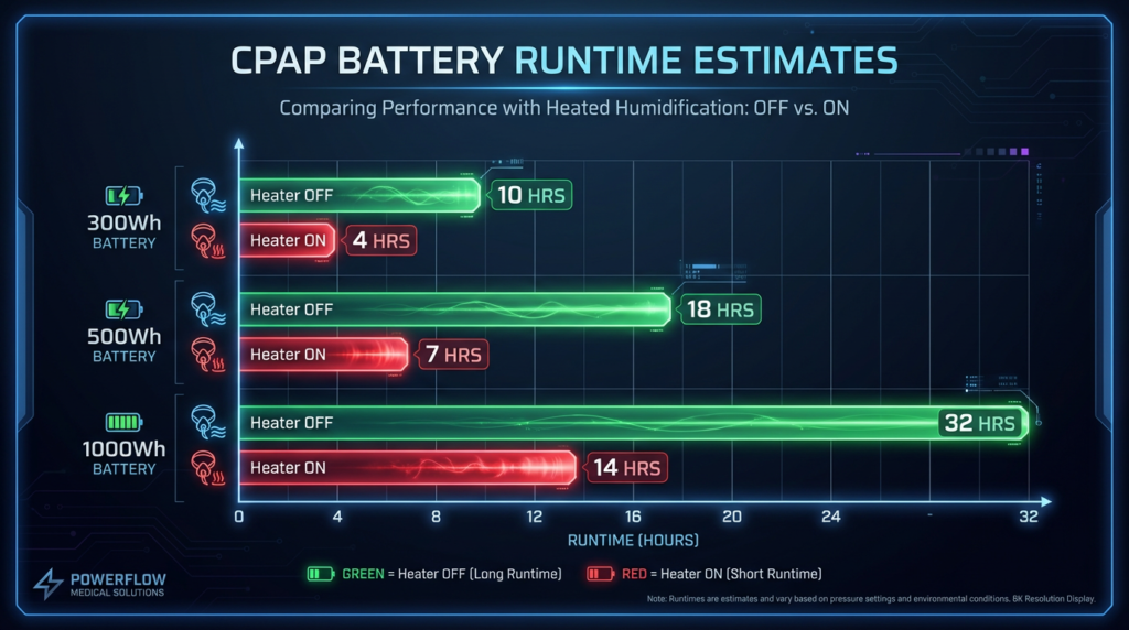 Chart showing CPAP battery runtime difference with humidifier ON vs OFF for 300Wh 500Wh and 1000Wh batteries