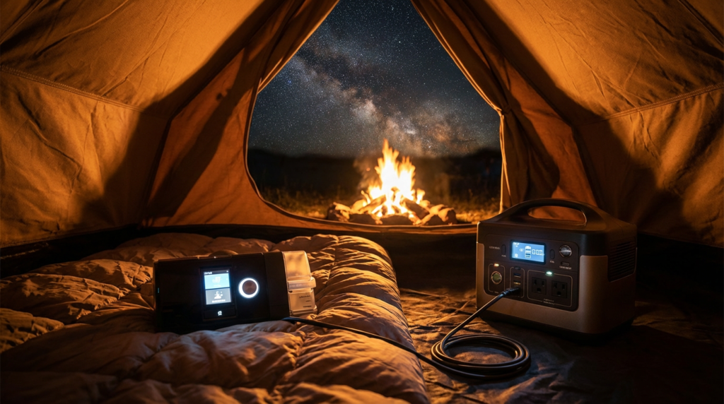 CPAP camping battery setup connected to a portable power station inside a tent with a starry night background