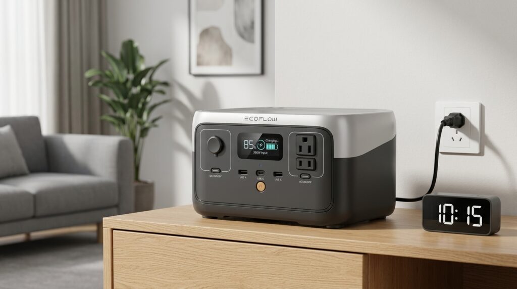EcoFlow RIVER 2 budget power station charging from 0 to 100 in 60 minutes.