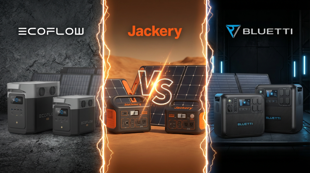 Side by side comparison of EcoFlow vs Jackery vs BLUETTI portable power stations showing design differences