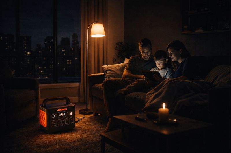Family using Jackery portable power station to light room during power outage