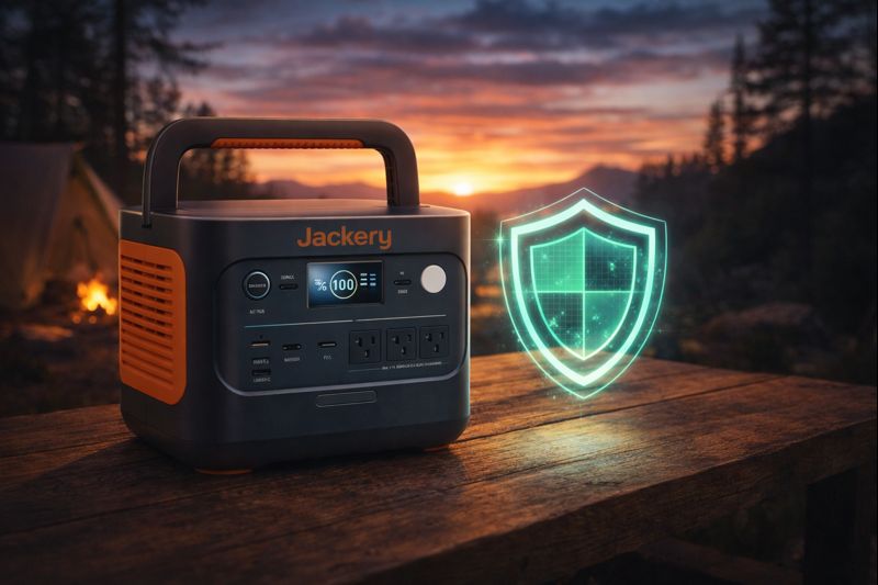 Portable power station sitting on a camping table with a glowing green shield icon symbolizing long battery lifespan and durability