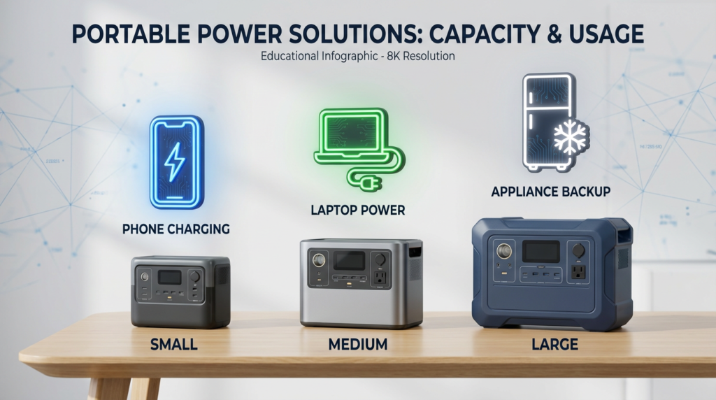 Infographic chart answering what size portable power station do i need for camping and home