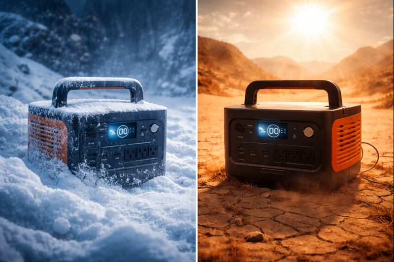 Split screen showing portable power station in freezing snow and extreme desert heat causing battery damage