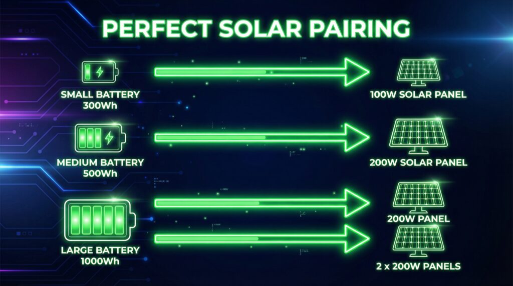 Infographic chart showing the correct portable solar panel size for 300Wh 500Wh and 1000Wh power stations