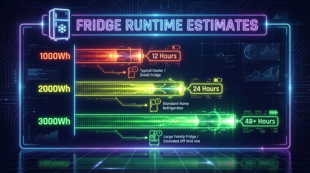 Chart showing estimated runtime for a refrigerator using 1000Wh, 2000Wh, and 3000Wh solar generators