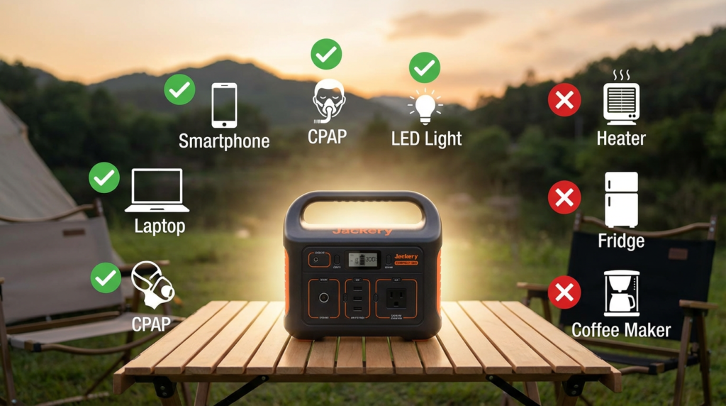 Infographic showing what devices a 300W portable power station can run (CPAP, Phone) vs what it cannot run (Heater, Fridge)
