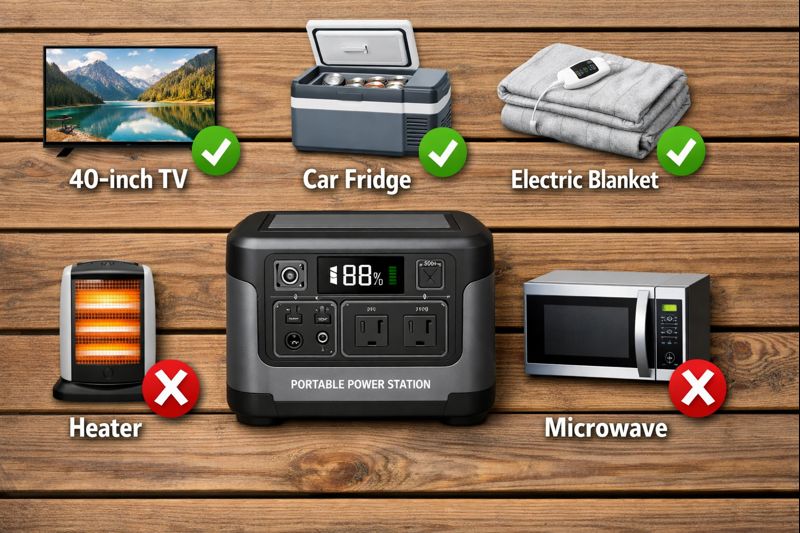 Infographic chart showing what devices a 500W portable power station can run (TV, Fridge) vs what it cannot (Heater, Microwave)