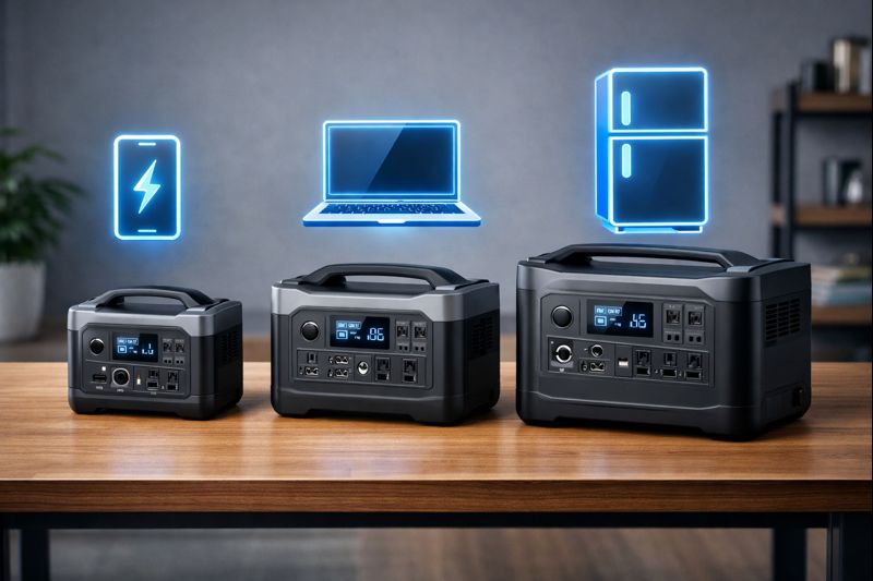 Comparison of small, medium, and large portable power station sizes with neon appliance icons showing what they power