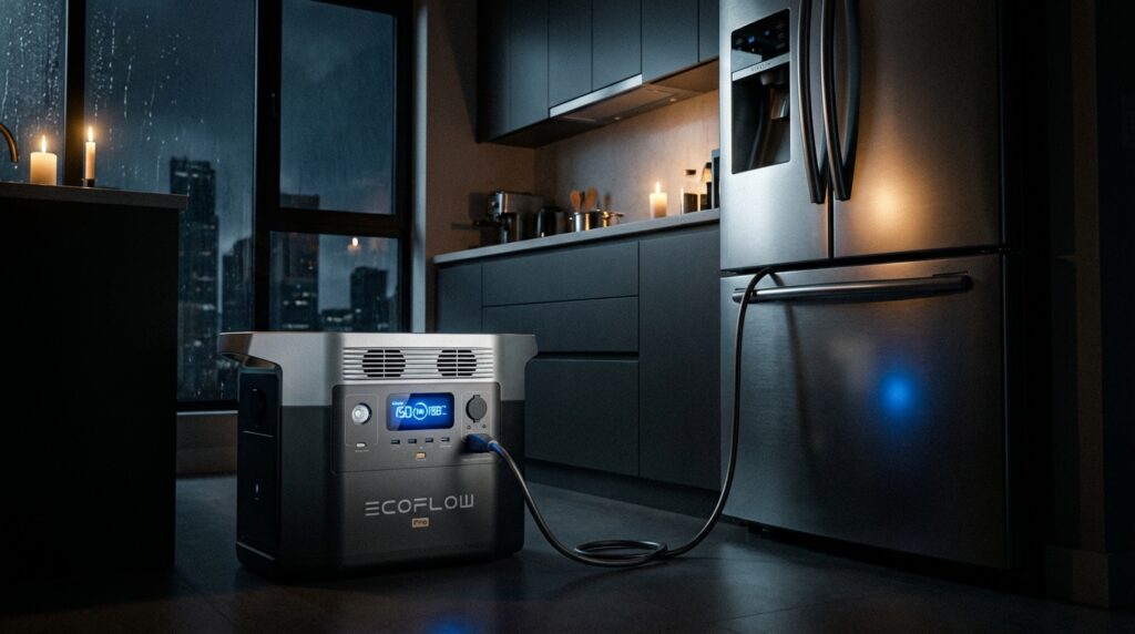 Infographic showing what size solar generator for refrigerator backup is needed during an outage