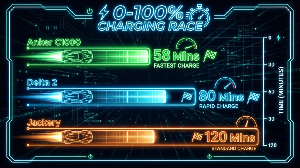 Chart comparing Anker Solix C1000 charging speed vs EcoFlow Delta 2 and Jackery