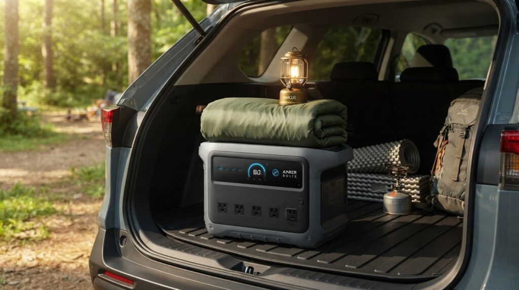 A flat-top Anker SOLIX C1000 review unit placed inside an SUV trunk with camping gear stacked on top of it.