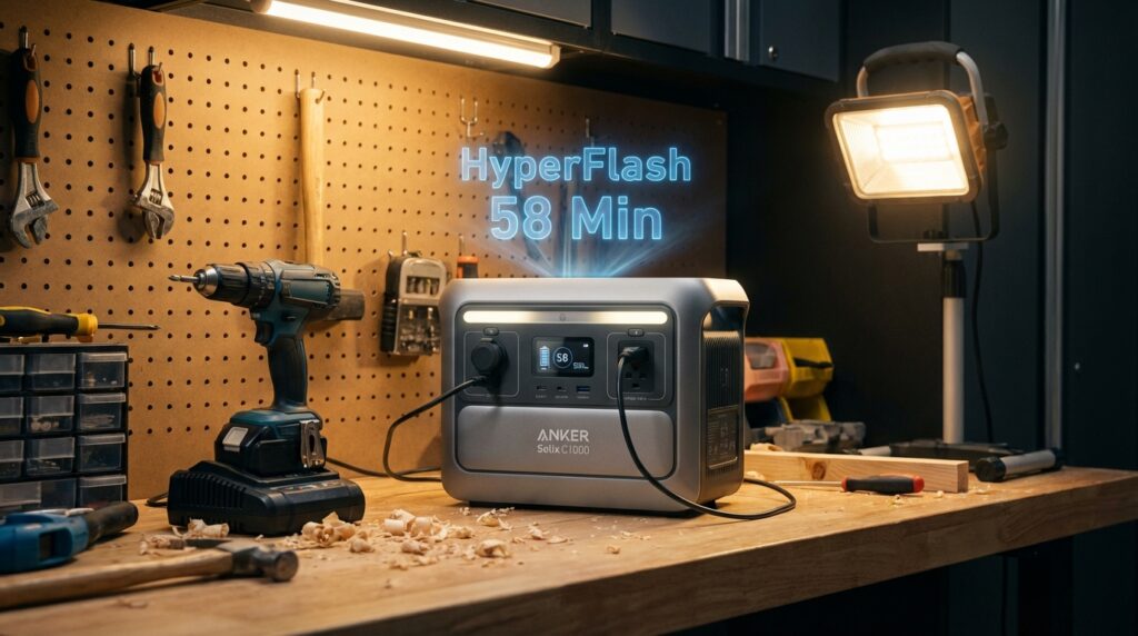 Anker Solix C1000 review unit sitting in a workshop charging power tools