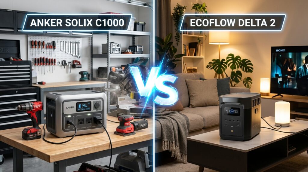 Anker Solix C1000 vs EcoFlow DELTA 2 portable power stations sitting side by side for a comparison review