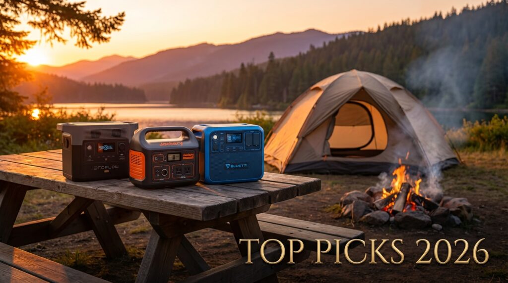 Best portable power station for camping lineup including Jackery EcoFlow and Bluetti on a picnic table