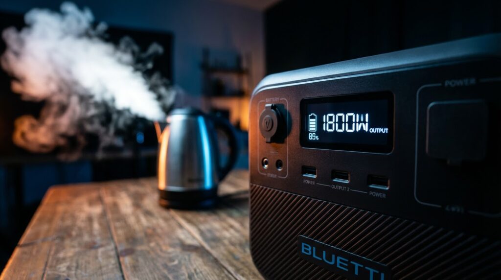 BLUETTI AC180 running a high wattage electric kettle using Power Lifting mode