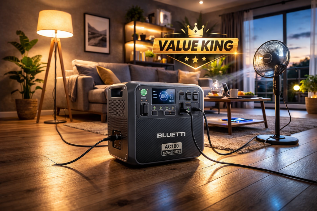 BLUETTI AC180 review unit powering household appliances during a test