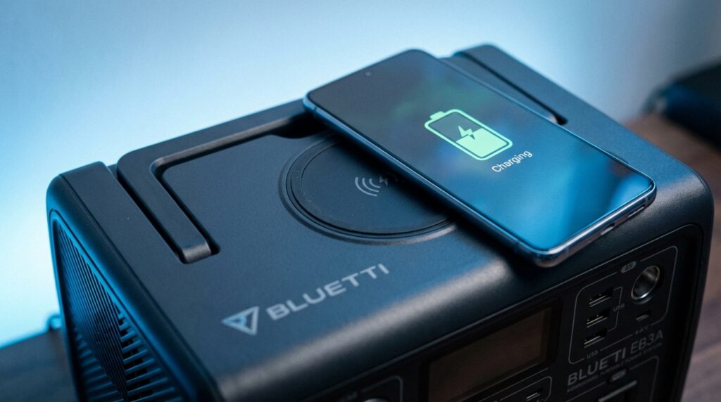 BLUETTI EB3A wireless charging pad charging a smartphone without cables