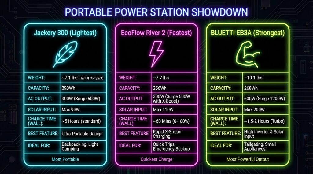 Comparison chart of weight capacity and charging speed for Jackery 300 EcoFlow River 2 and Bluetti EB3A