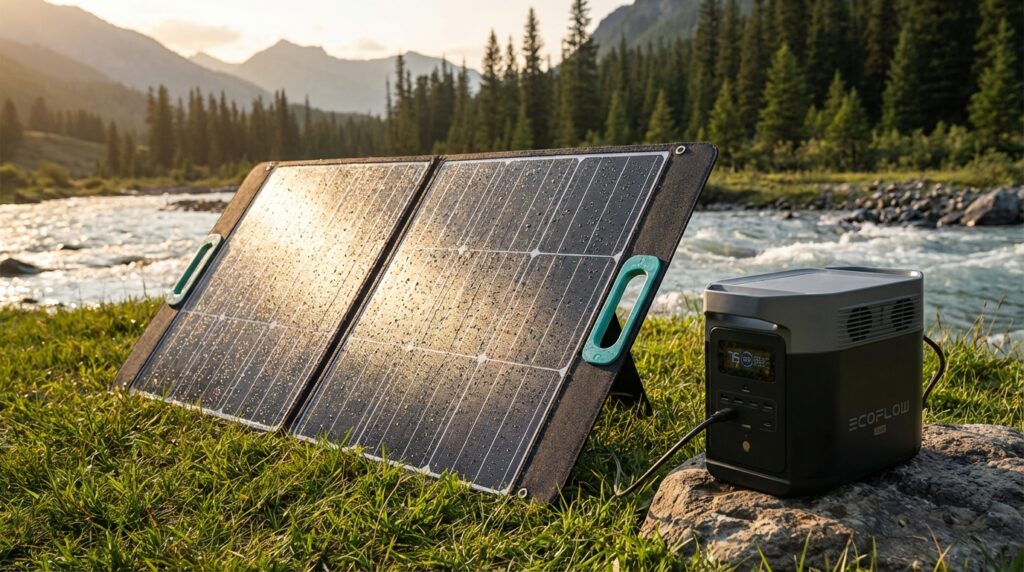 EcoFlow 110W solar panel review showing waterproof test outdoors