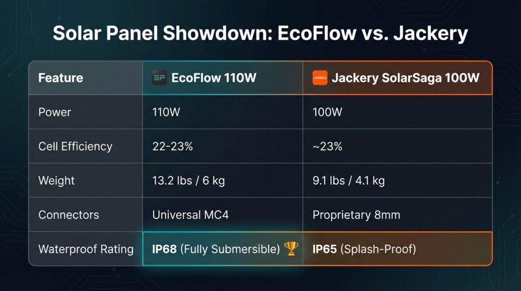 Comparison chart showing specs of EcoFlow 110W vs Jackery SolarSaga 100W highlighting waterproof rating difference
