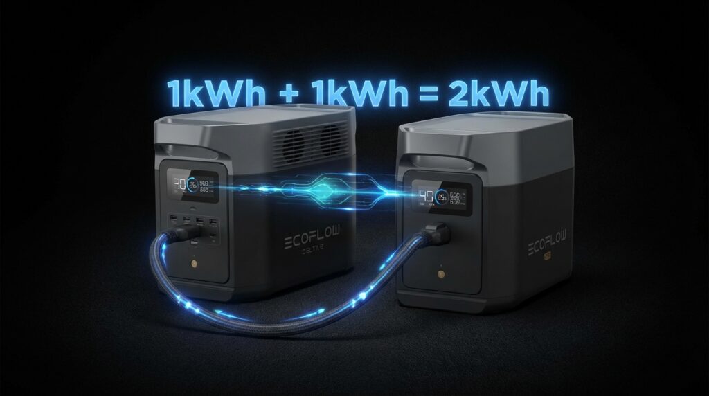 EcoFlow DELTA 2 connected to extra smart battery to double capacity to 2kWh