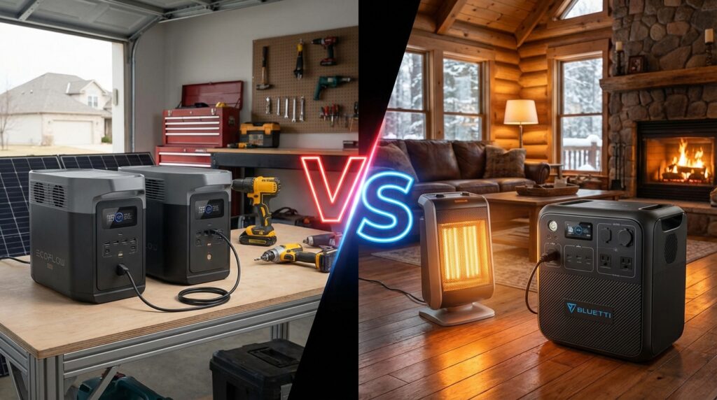 Side-by-side comparison of EcoFlow DELTA 2 with extra battery vs BLUETTI AC180 running a heater