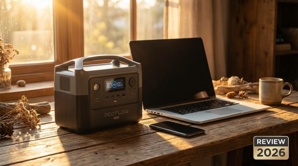 EcoFlow RIVER 2 review showing the portable power station charging a laptop on a desk