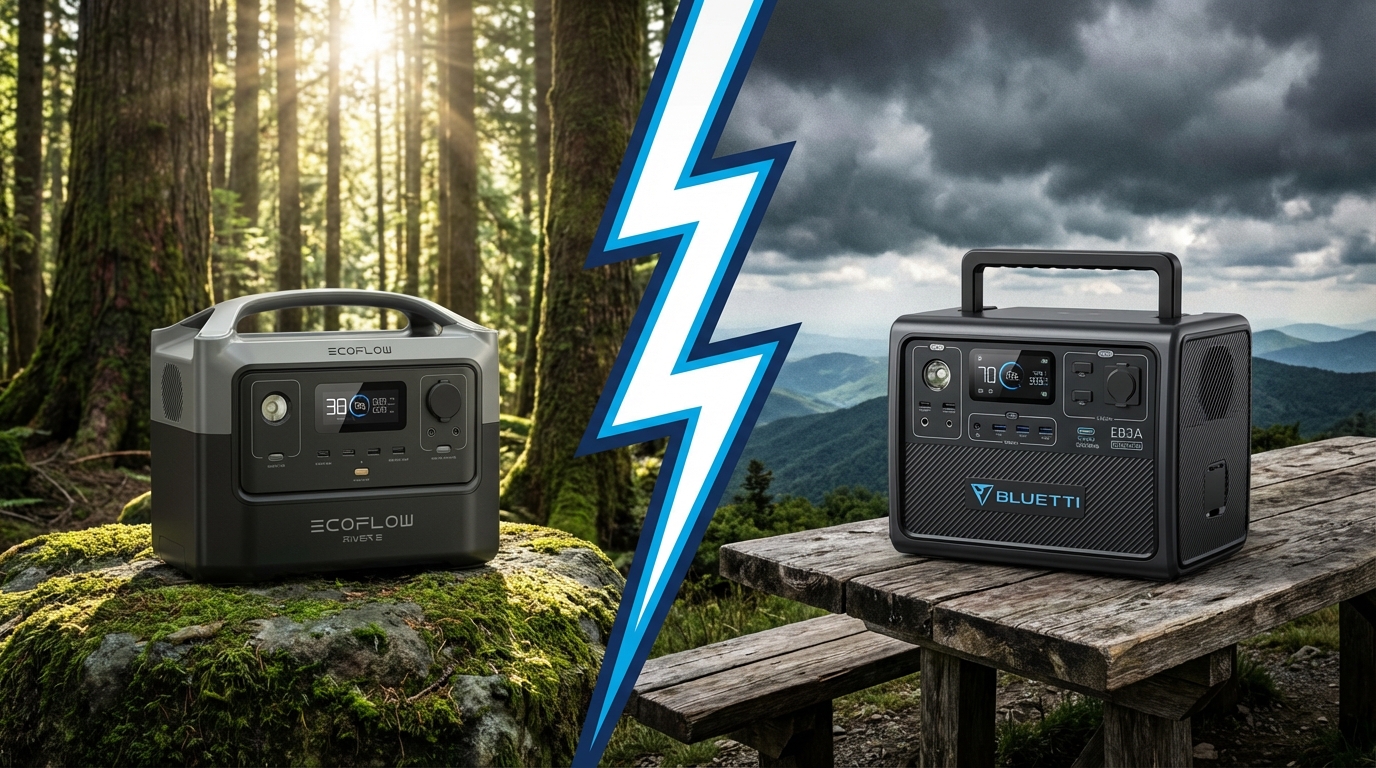 Comparison battle between EcoFlow RIVER 2 and BLUETTI EB3A portable power stations in outdoor setting