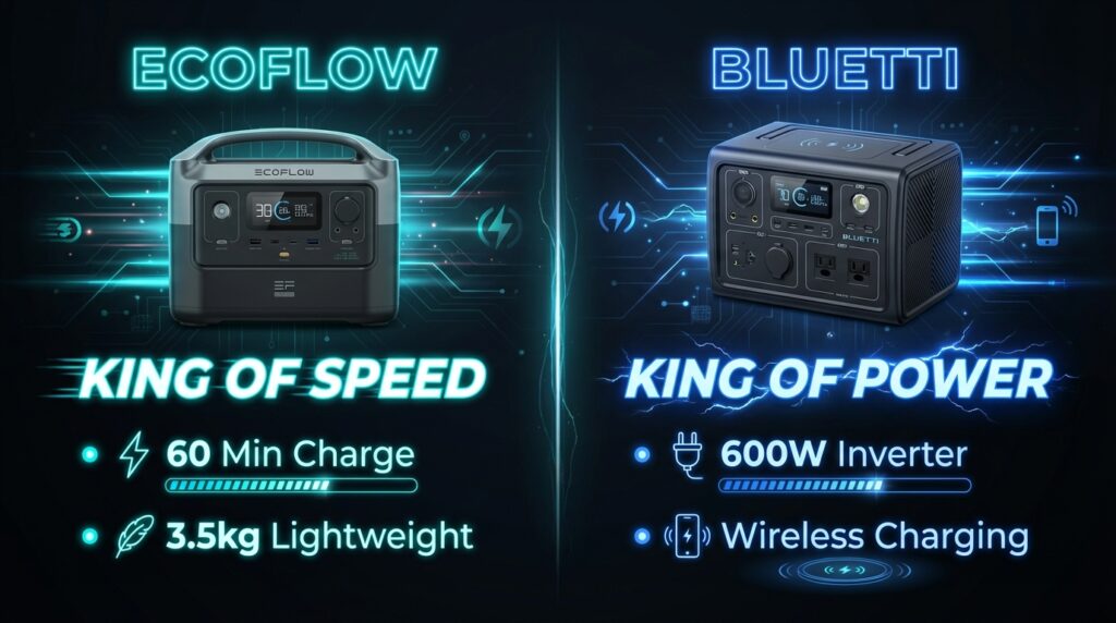 Comparison chart showing EcoFlow RIVER 2 charging speed vs BLUETTI EB3A inverter power specs