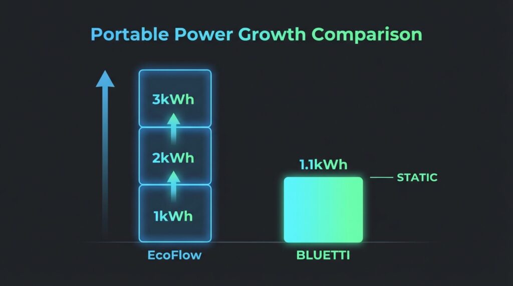Chart showing EcoFlow DELTA 2 expandability up to 3kWh vs BLUETTI AC180 fixed capacity
