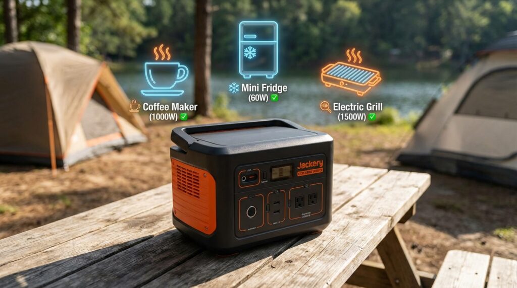 Jackery Explorer 1000 v2 infographic showing it powering high wattage appliances like a coffee maker and grill
