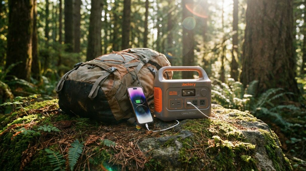 Jackery Explorer 300 Plus sitting on a rock next to a hiking backpack charging a smartphone