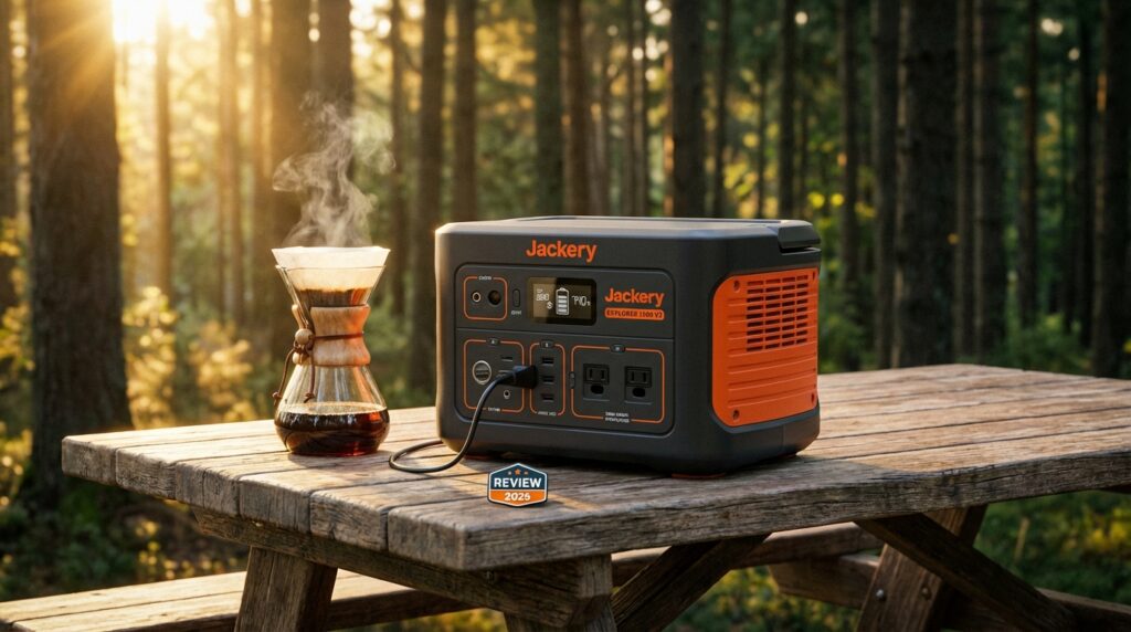 Jackery Explorer 1000 v2 review unit sitting on a camping table next to a coffee maker