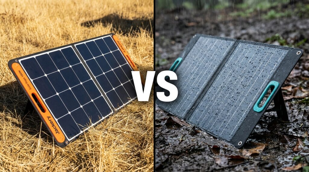Comparison of Jackery SolarSaga 100W vs EcoFlow 110W solar panels in a camping environment