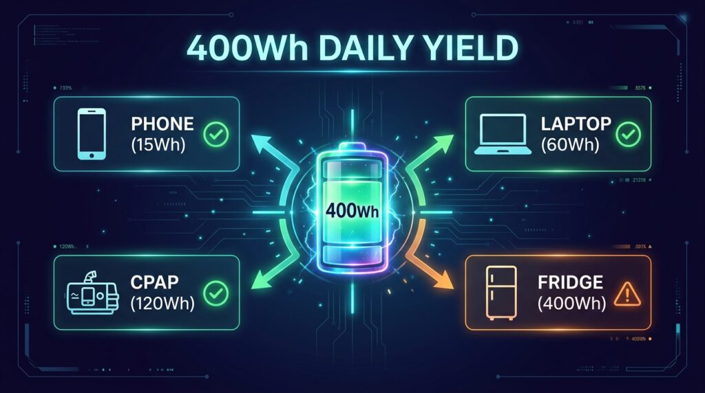 Infographic showing the daily energy yield of a 100W solar panel and what it can charge