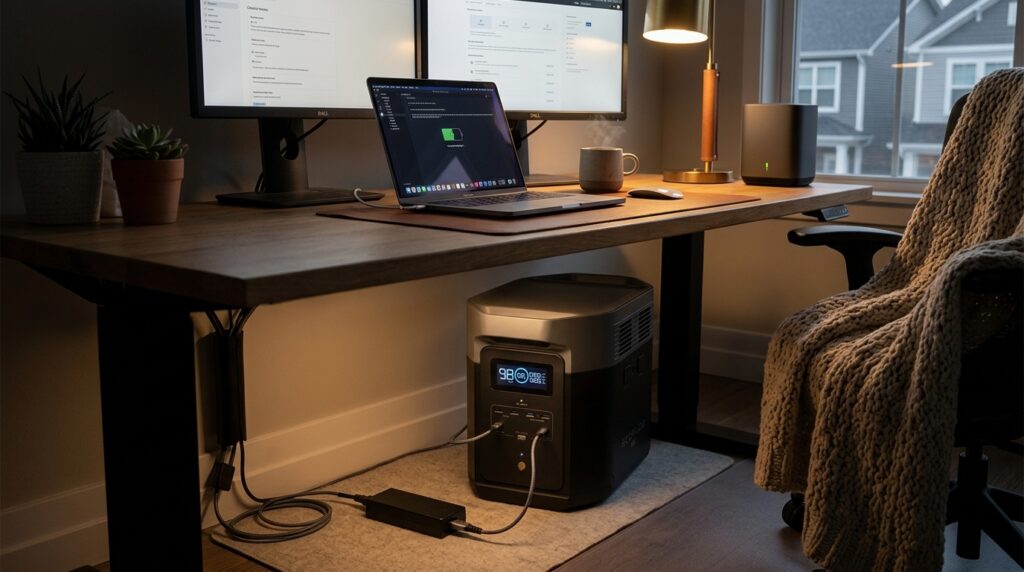 A home office setup demonstrating what can a 2000W portable power station run for remote workers.