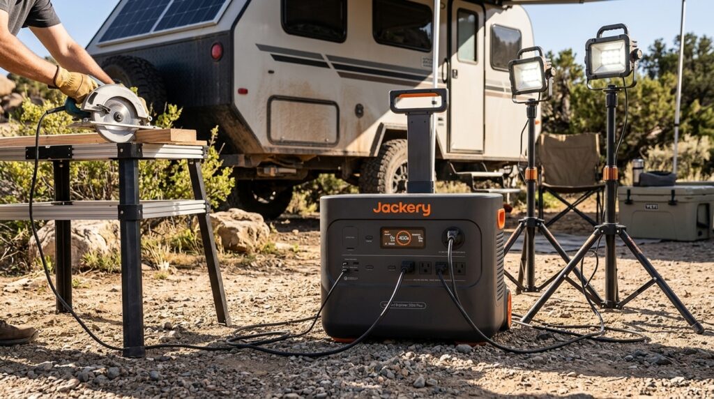 An off-grid RV campsite showing what can a 2000W portable power station run for heavy tools.