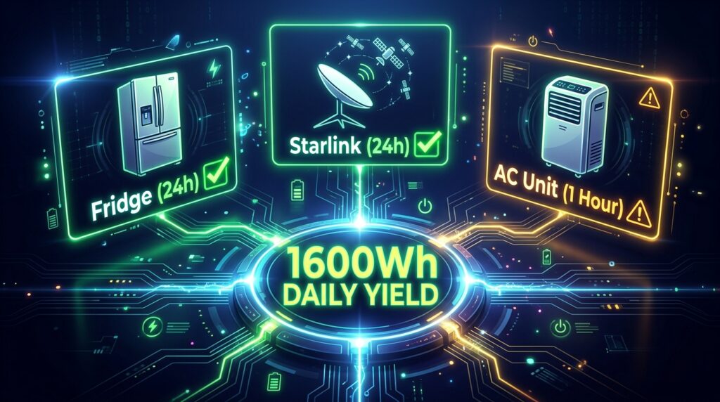 Infographic chart showing 400W solar panel daily energy yield of 1600Wh