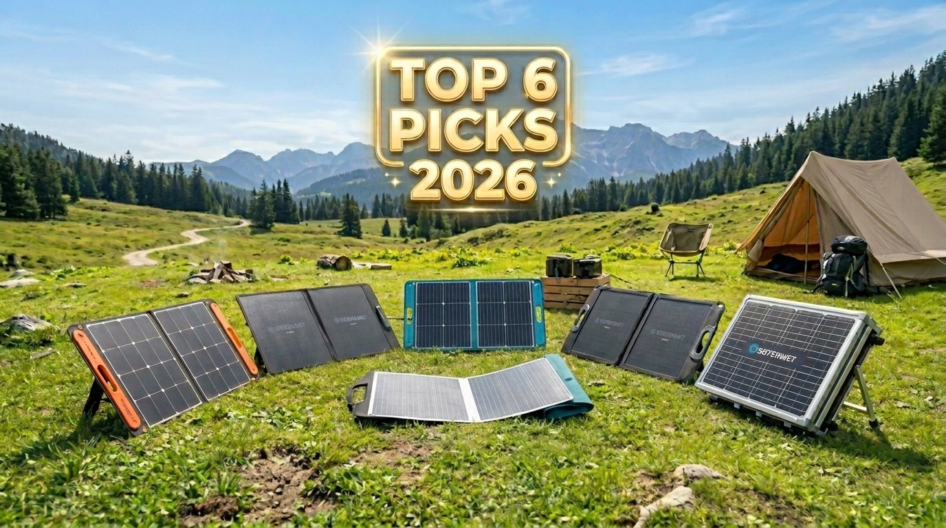 Lineup of the top 6 best portable solar panels for camping in 2026 including Jackery, EcoFlow, BLUETTI, and Renogy